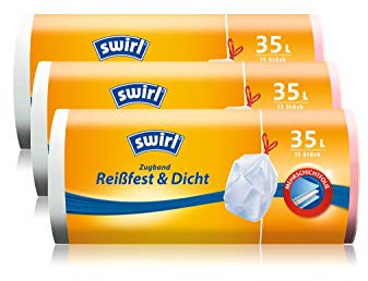 Swirl Zugband-Müllbeutel, 35 Liter, 3 Rollen mit je 15 Beuteln, Weiß