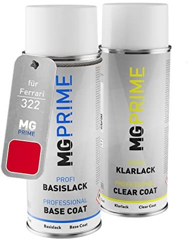MG PRIME Peinture voiture Bombe aérosol pour Ferrari 322 Rosso Corsa +1K | Kit peinture de base + vernis, bombes aérosols 400ml