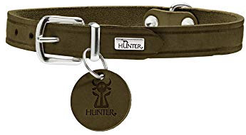 HUNTER Hundehalsband AALBORG, Farbe: oliv, robustes & strapazierfähiges Leder, starke Fettung, ideal für Hundesport & Alltag, mit Lederanhänger, Made in Germany, Größe: 60