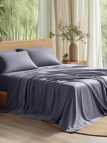 Bedsure Queen Sheet Set, Cooling Sheets for Queen Size Bed Set, Rayon Derived from Bamboo, PureWoven, Breathable & Soft, Deep Pocket Up to 16, Hotel Luxury Silky Bedding for Hot Sleepers, Dark Grey