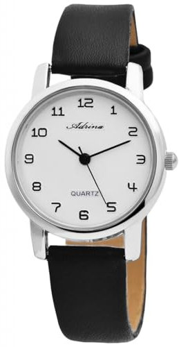 Adrina Damenuhr Weiß Schwarz Analog Metall Kunst-Leder Quarz Armbanduhr
