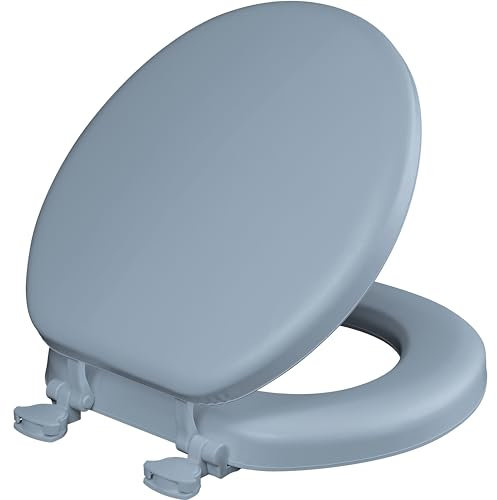 Mayfair Padded Toilet Seat, Cushioned Soft Vinyl Over Wood Core Seat, Secure Hinges, Easy Clean, Round, Sky Blue