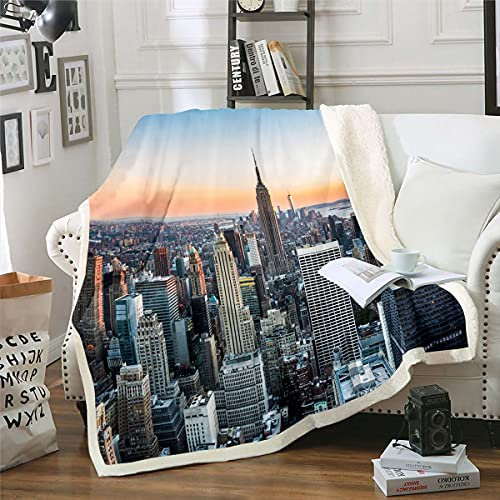 New York Sherpa-Decke, New York City, Manhattan Skyline, Stadtbild, Fleece, zeitgenössisch, künstlerisch, Sonnenuntergang, Landschaft, flauschige Decke für Sofa, Bett, Doppelbett, 152 x 200 cm