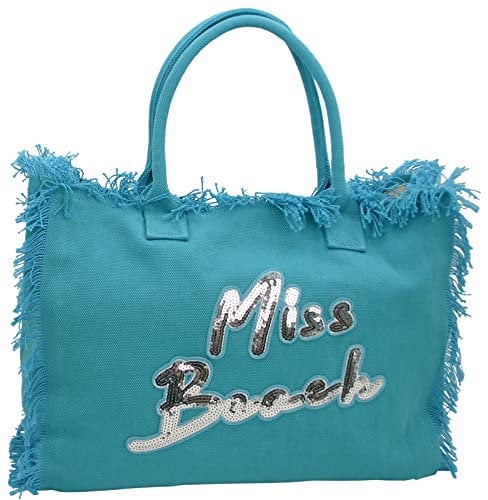 Miss Beach - Große XXL Badetasche mit Reißverschluss - Strandtasche - Picknick-Tasche aus Canvas (Türkis)