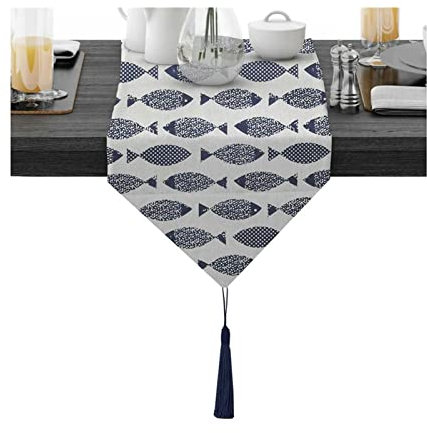 Dsnyu 30x140 cm Tischläufer Dunkelblaues Weiß Fischmuster Baumwolle Tischläufer Elegante Heimtextilien mit Quaste
