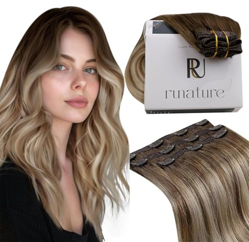 RUNATURE Echthaar Extensions Clip Balayage Braun Blond 40cm 3Pcs Clip in Extensions Echthaar Balayage Braun Ombre Blond 50g Clip Extensions Echthaar Günstig Echte Haare #3/8/22