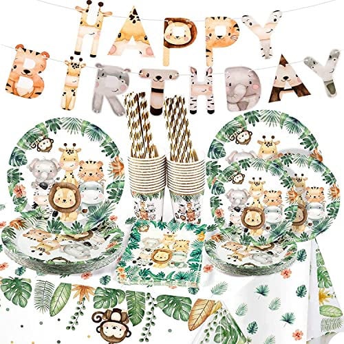 Dschungel Safari Partygeschirr für 25 Gäste,Geburtstag Party Geschirr, Set 127 Stück Papier Teller PapierTassen Servietten PapierStrohhalme Einweggeschirr für Wild One Geburtstag Deko Junge(Grun)