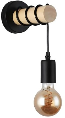 B·LED BARCELONA LED BarcelonaLED Applique Murale Ronde en Bois Naturel avec Douille E27 Noir Pendentif Câble Vintage Nordique pour Couloir Chambre Salon