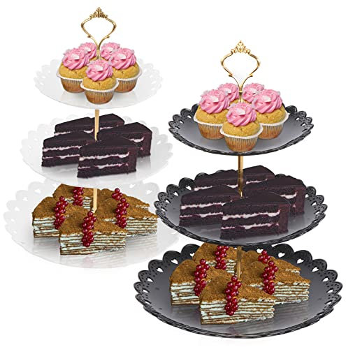 Kyrio 2 Pcs Présentoirs à Gâteaux 3 Niveaux, Présentoir à Gâteaux en Plastique Réutilisable, Support à Dessert pour Buffet Anniversaire Thé Fête Noël (Noir-Blanc)