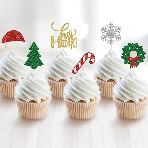 Bymivofun 24 Pcs Weihnachts kuchen Topper, Weihnachts Cupcake Topper, für Weihnachtskuchen Dekorationen Weihnachtsfeiertagsbedarf