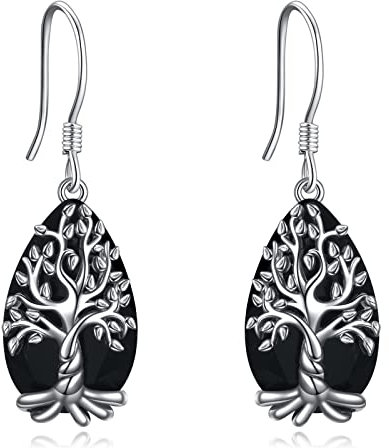 YFN Baum des Lebens Ohrringe Sterling Silber Schwarzer Obsidian Turmalin Kristall Ohrringe Lebensbaum Schmuck Spiritueller Schutz Geschenke für Damen Mädchen