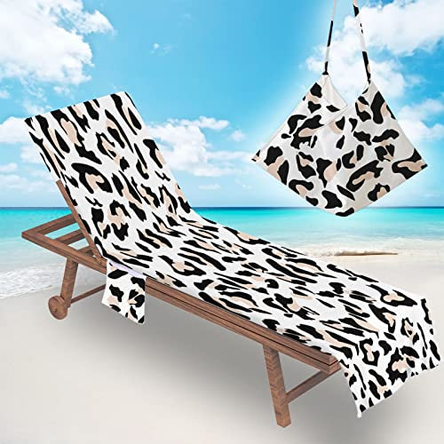 Surwin Telo Mare per Lettino Microfibra, Leopardato 3D Fodera per Sedia da Spiaggia Copertura per Sedia di Sdraio con Tasche Laterali, Asciugamano per Spiaggia Piscina Sport (75x210cm,Bianco)