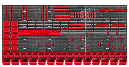 KADAX Werkzeugwandregal Groß, 174x78cm Lagersystem aus robustem Kunststoff, UV-Resistentes Modul-System, Erweiterbare Wandplatten, Werkstattregal für Garage (Rot, 110 TLG.)