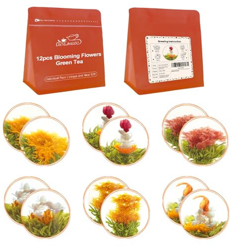 LWXLJMJZC-Teeblumen 12 Stück (6 Geschmacksrichtungen x 2 Stk.) Blühender Tee, Blühender Tee mit Jasmin, Grüner Tee mit Blumen, Geschenk für Teeliebhaber