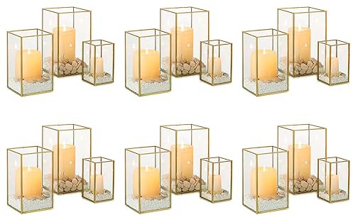 NUPTIO Glas Windlicht Kerzenständer Gold: Set von 18 Metall Stumpenkerzen Kerzenhalter Gehärtetes Glas Laternen Outdoor für Hochzeit tischdeko Weihnachten Halloween Wohnzimmer Tischplatte