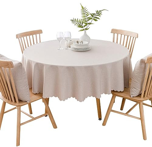 BHOMTY Runde Tischdecke aus Baumwolle und Leinen, schmutzabweisend, geeignet für Esstische, Couchtische, Balkone und Gärten Khaki, Durchmesser 160 cm