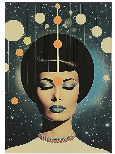 JUNOMI® Surrealismus Poster DIN A2 - Motiv 07 | Vintage Poster, Fantasie-Poster, Hippie, Planeten, 60er, 70er, 80er, Frauenporträt | Ohne Rahmen