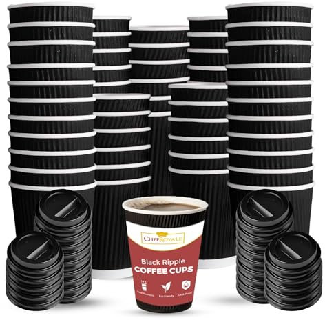 CHEF ROYALE Lot de 200 tasses à café jetables avec couvercles – Tasses à café jetables à triple paroi isolées pour boissons chaudes et froides pour Noël, fêtes d'anniversaire (200 ml, 237 ml)
