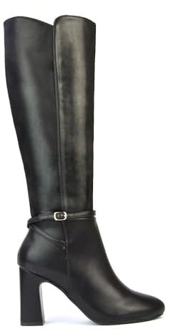 ESSEX GLAM Womens Heeled Boots Ladies Knee High Block Heel Smart Zip Black Faux Leather Winter Smart Long Booties Shoes Size 6