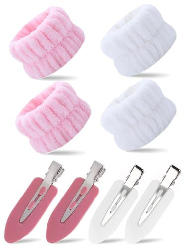 KSUKTSW 4 pcs bandeau poignet avec 4 pinces à cheveux, poignet eponge, manchette poignet femme, bandes de poignet absorbantes d'eau (blanc, rose)