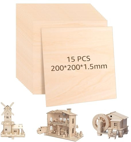 DAJAVE Lot de 15 Panneaux de contreplaqué 200 x 200 x 1,5 mm pour travaux manuels, Panneaux de contreplaqué en Bois de Tilleul inachevé pour projets Laser, modèle de Bricolage, Arts et Artisanat