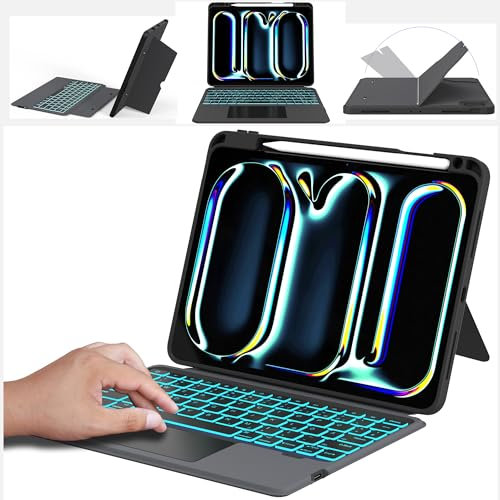 für iPad Pro 11 Zoll (M4) 2024 Hülle mit Abnehmbarer QWERTZ Tastatur : 7 Farbige Beleuchtung, Smart Touchpad, Vertikaler Ständer, Auto Einschlafen/Aufwachen, Tastatur Hülle für 11 iPad Pro M4 2024