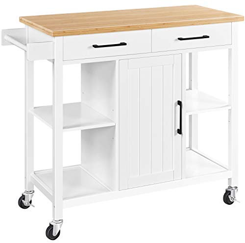 Yaheetech Isla de Cocina con Barra Carro de Cocina con Ruedas Mueble Auxiliar 2 Cajones 4 Estantes Encimera de Madera Moderna Salón Balcón Bar Jardín 98 × 46 × 92 cm Blanco