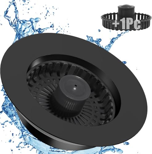 HEMOUR Tapón de drenaje 3 en 1 para fregadero de cocina, combo de tapón de latón y colador antiobstrucción, tapón de drenaje desplegable negro para drenaje estándar de EE. UU. de 3-1/2 pulgadas
