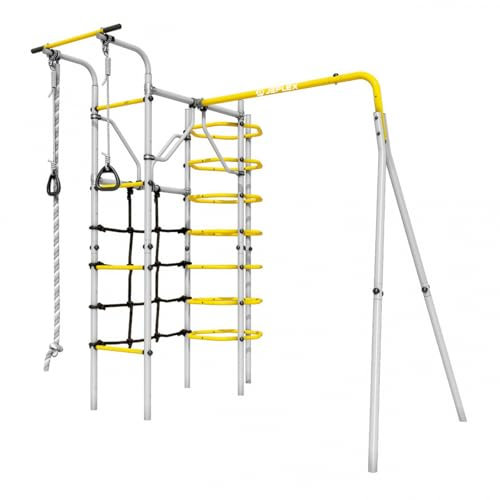 JEFLEX GardenMaxx G1 – grau-gelbe Kletterinsel & Spielturm– Outdoor-Klettergerüst für Kinder aus Stahl – Kletterwand mit Netz, Ringen & Klimmzugstange – Turngerät für Garten – Spielwand