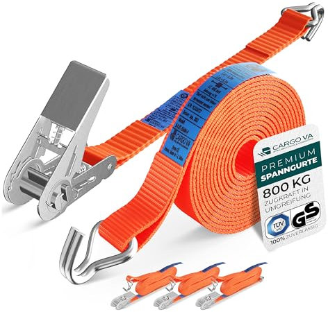 CargoVA® Lot de 4 Sangle a Cliquet Robustes de 800 kg, Certifiées TÜV/GS et DIN Sangle Arrimage, Largeur 25 mm, Sangles à Cliquer Idéales pour Les Applications Professionnelles (4m)