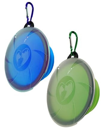 KGDUYC 2 Piezas Comedero y Bebedero Plegable para Perros y Gatos - Cuenco Doble de Silicona Resistente Libre de BPA - Plato Portatil para Agua y Comida Ideal para Viaje, 450ml + Azul/Verde