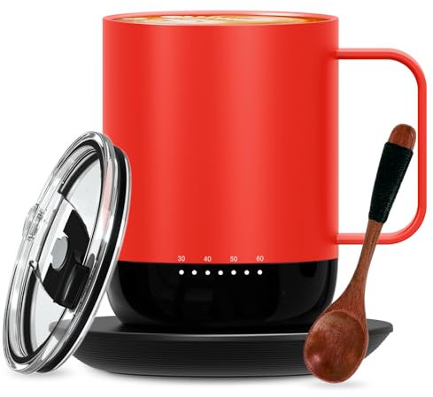 vsitoo S3PRO Rechargeable Heated Coffee Mug 14oz, Self Heating Coffee Mug with Lid and Spoon, APP & Manual Controlled Heated Mug, Temperature Control Smart Mug Warmer with 90 Min Battery Life, Red