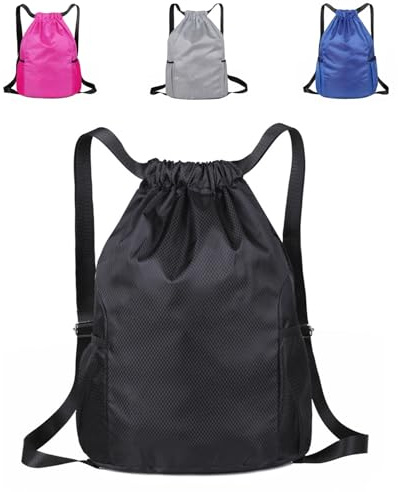 Drawstring Bag Waterproof Swim PE Bag Unisex Large Drawstring Gym Bag Oxford Fabric Gym Sack have Two Side Pockets for School Travel Swimming Holidays Beach Climbing Hiking