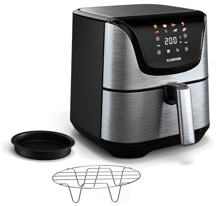 Klarstein AeroVital Deluxe Friteuse Sans Huile – 5,4 L 1700 W, Écran Tactile, 8 Programmes, Antiadhésif, Grille & Plaque Pizza, Cool Touch, Minuterie & Contrôle De Température, Acier Inoxydable