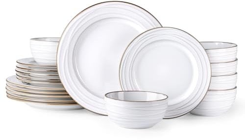 GBhome Geschirrset 6 Personen, 18-tlg Diamant Design Handarbeit Steingut Geschirr Set, Mikrowellen- & Spülmaschinenfest Schüssel- und Teller Set (Wellen Elfenbein, 18 Teile Set)
