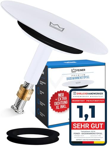FEINER® [2-TLG.] Badewannenstöpsel Universal Passform - Badewannen Stöpsel Verschluss Ø72 mm - Rostfrei Verstellbarer Stöpsel Badewanne - für Jede Badewanne Dicht [ Glanzweiss ]