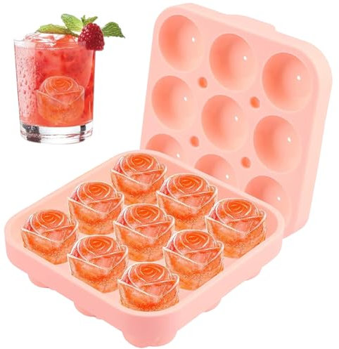 Silikon Eiswürfelform Rose, 9-Fach Ice Cube Tray, 3D Rosen Eiswürfelbehälter, Wiederverwendbar Silikon Eiswürfelformmit Deckel und Trichter BPA Frei, für Eis, Whiskey, Cocktail, Saft, Kaffee (Rosa)