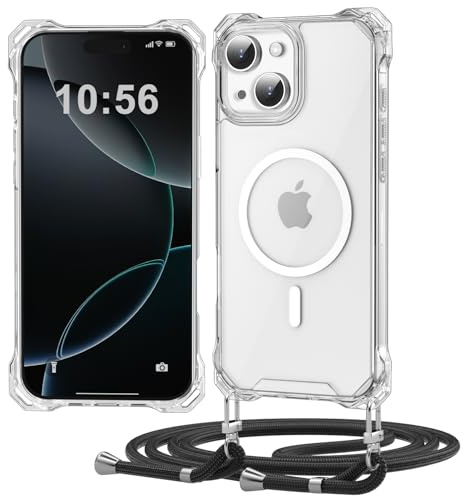 Ciciber Ttusy Handykette Hülle für iPhone 13 /iPhone 14 mit Band, Transparente Blumen Magnetisch Handyhülle [Kompatibel mit Magsafe] mit Kordel zum Umhängen Necklace Hülle für iPhone 13/14 -Schwarz