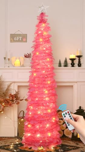 HMASYO Pop-Up-Weihnachtsbaum mit 100 LED-Lichtern und Fernbedienung, rosa Weihnachts-Lametta-Baum, zusammenklappbarer künstlicher Bleistiftbaum für Zuhause, Büro, Party-Dekoration, USB-betriebene