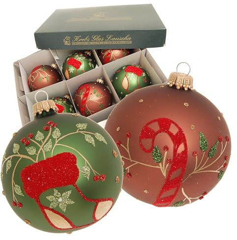 Krebs Glas Lauscha - Weihnachtsdekoration/Christbaumschmuck aus Glas - Weihnachtskugeln - Motiv: Moosgrün/Braun mit Zuckerstangen und Strümpfe - Größe: 6 mal 8cm
