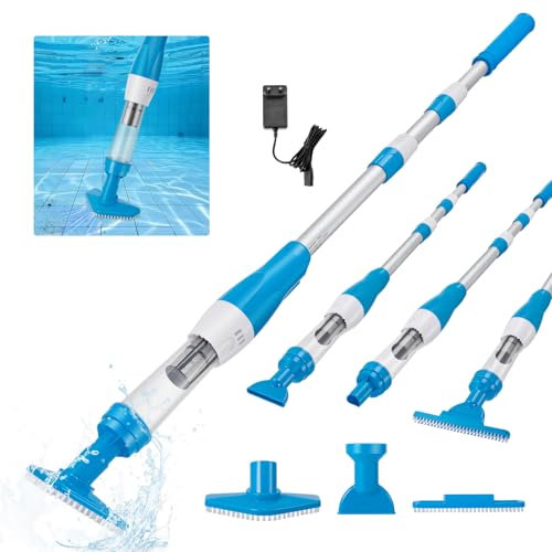 Limpiafondos Piscina, Aspirador Piscina Recargable con Potente Succión, Pértiga Telescópica de 106-165 cm, Sensor Automático y 3 Cabezales de Cepillo para Spas, Jacuzzis y Piscinas Pequeñas.