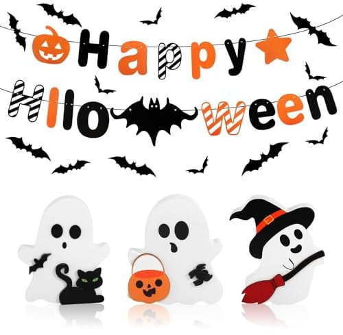 Halloween Ornamente Aufsteller, 3 Stück Lieblich Geister Hölzern Geister Deko und Halloween Banner Deko, Banner und Hängedeko mit 36 Fledermäuse Dekoration