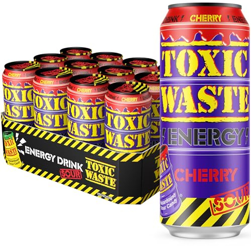 TOXIC WASTE Sour Cherry Sparkling Energy Drink, 12 x 500ml Cans | Bold Flavour, 12 Can Multipack, Perfect for Gaming, Study, Parties and Road Trips, Vegetarian, Vegan, Includes B Vitamins