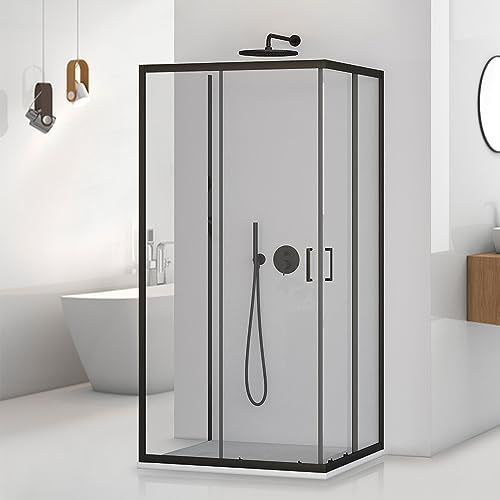 Box Doccia 3 Lati 80x80x80 Cm Con Doppia Porta Scorrevole E Lato Fisso In Vetro Temperato Trasparente – Profili Neri Moderni Linea Tay
