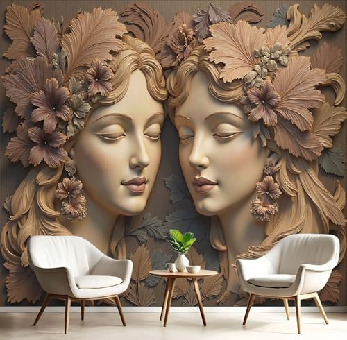 Papier Peint Soie Sculpture Classique Sur Bois En Relief 300×210 cm Papier Peint Panoramique Belle Femme XXL Tableaux Décoration Murale pour Salon, Chambre, Décor Fond TV, Brun