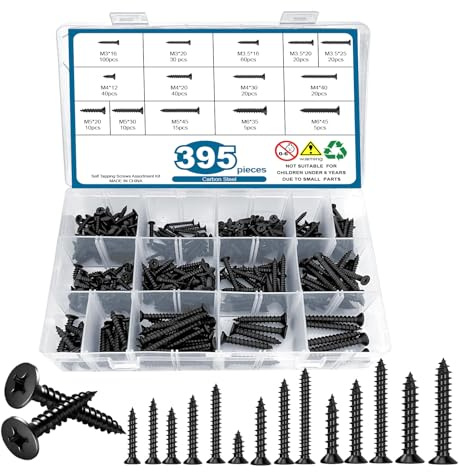 395 Stück Selbstschneidende Schrauben Set - M3/M3,5/M4/M5/M6 Kreuzschlitz Senkkopfschrauben, Sortiment für DIY & Reparaturen im Haushalt & Werkstatt