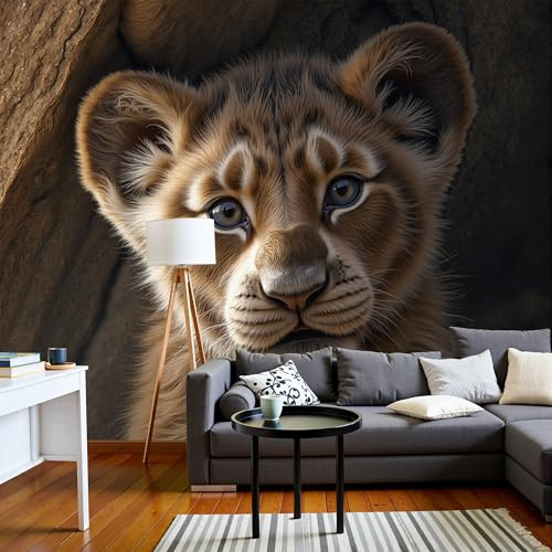 MIATCENRT Papier Peint Panoramique 3D Animal Mignon, Lionceau 350x256cm Soie Murale pour Salon Chambre Restaurant Décoration Murale, Brun Chambre Poster Mural Fresques Murales