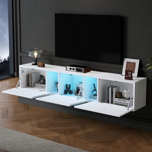 WSOFZMO Meuble TV bas - Montage mural - 180 cm - Blanc brillant - Avec éclairage LED - 3 portes - Pour téléviseur de 75 - 180 x 35 x 30 cm - Montage mural