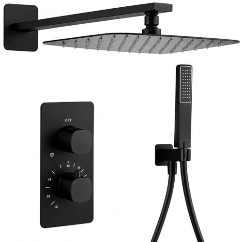 IMEX Toscana Conjunto Ducha Empotrada Termostática 2 Vías con Rociador | Efecto lluvia 25×40 cm, latón y acero inoxidable S304 con sistema antical y temperatura constante para mayor confort.
