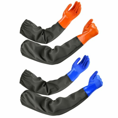 2Pair Long Pond Gloves, 27.55 Heavy Duty Rubber Waterproof Cleaning Gloves | Rubber PVC, Reusable Full Arm Gloves for Aquarium Gardening Drain Cleaning Blue Orange